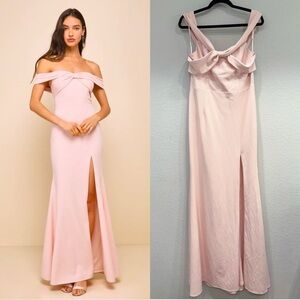 NWOT Lulus Elegant Perception‎ Light Pink Off-the-Shoulder Bow Maxi Dress